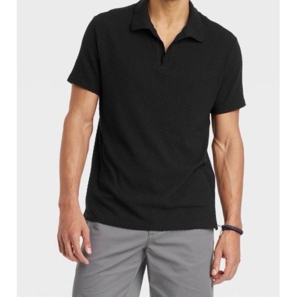 Goodfellow & Co Mens XL Black Textured Short Sleeve V-Neck Polo Shirt NWT